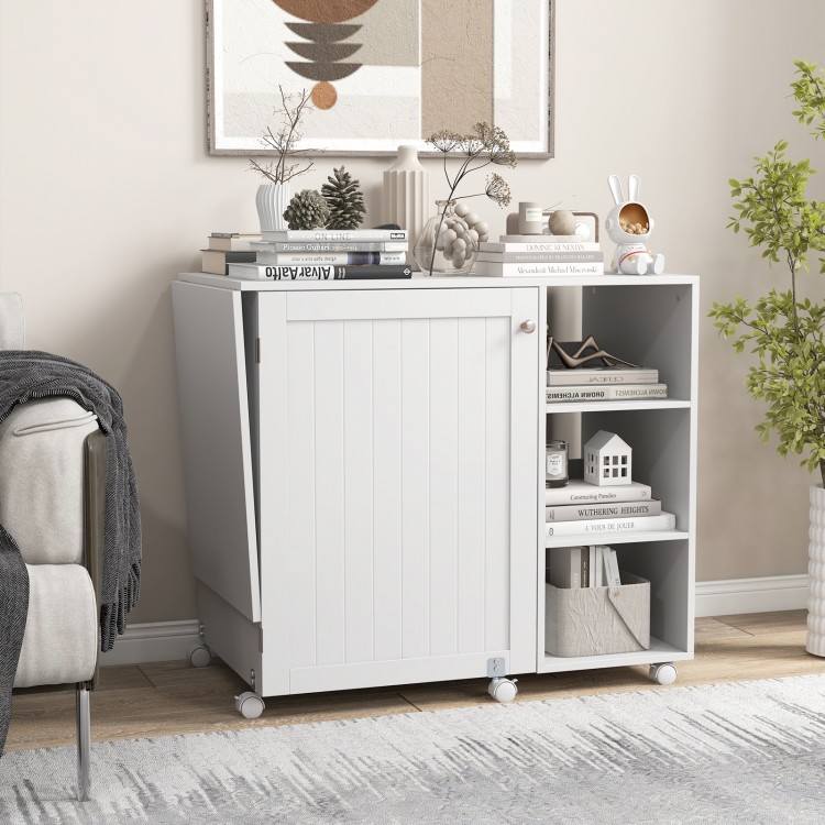 Multifunctional folding sewing machine craft station in white with storage shelves, ideal for creative workspace.