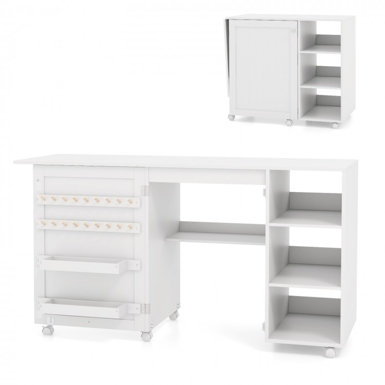 Multifunctional folding sewing machine craft station in white with ample workspace, storage shelves, and 6 casters for.