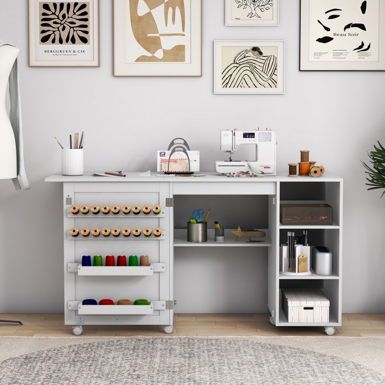 Multifunctional folding sewing machine craft station in white showcasing 2 yarn holders and 18 thread racks for.
