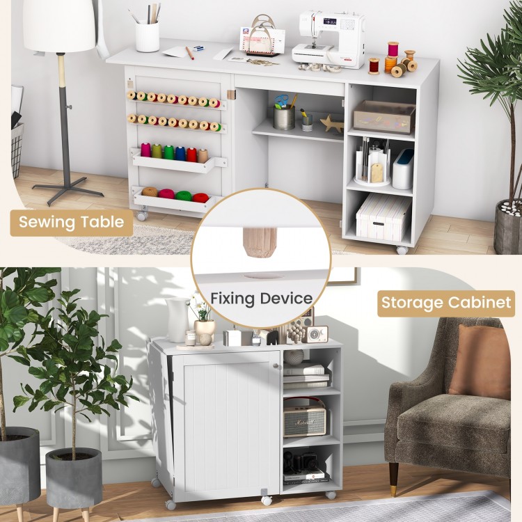 Multifunctional folding sewing table in white with ample workspace, storage shelves, and 6 universal casters for easy.