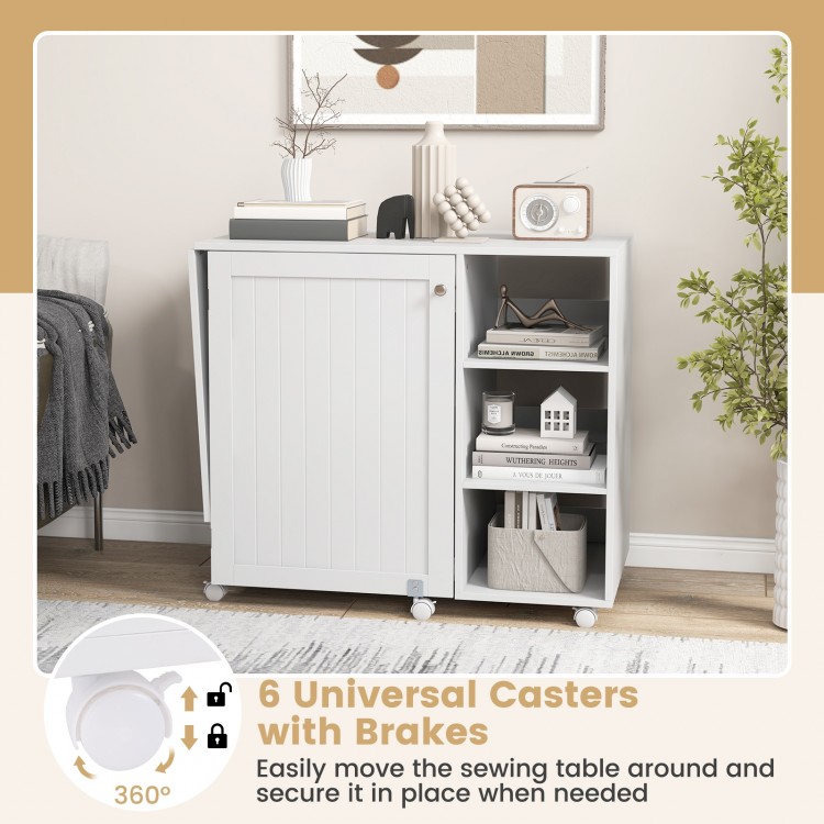 Multifunctional folding sewing machine craft station in white with storage shelves and 6 universal casters for easy.