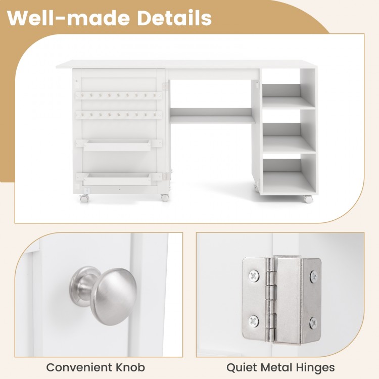 Close-up of the convenient knob and quiet metal hinges on the multifunctional folding sewing machine craft station.