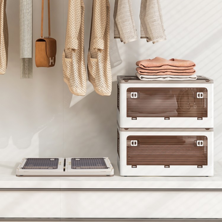 Stackable 8-gal storage bins with translucent doors, ideal for organizing linen and snacks in any room.