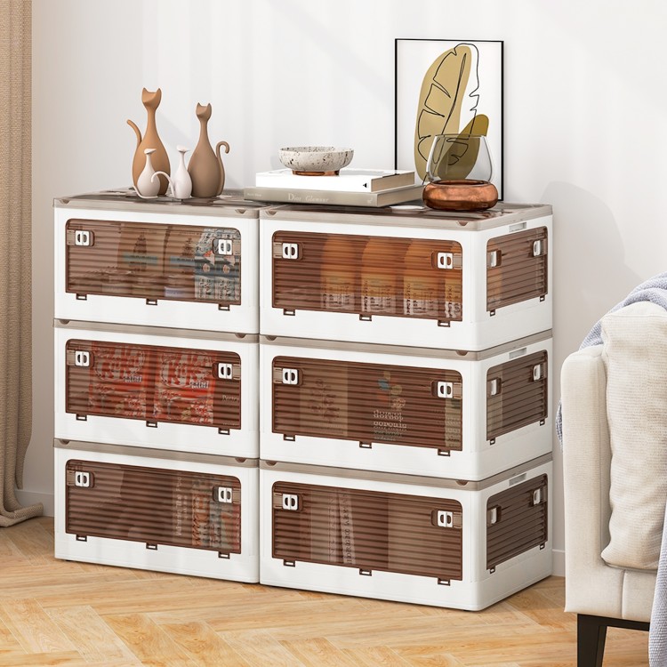 Stackable 3-pack storage bins with lids, 8-gallon capacity, featuring translucent doors for easy access in any room.