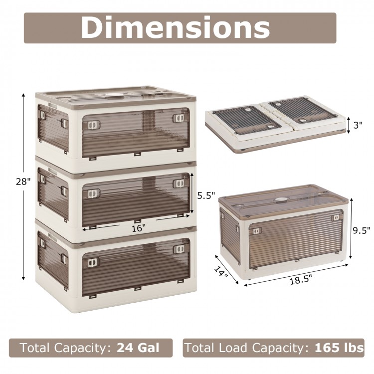 Stackable 3-pack storage bins with lids, 8-gal capacity, featuring 5 opening ways and collapsible design for easy.