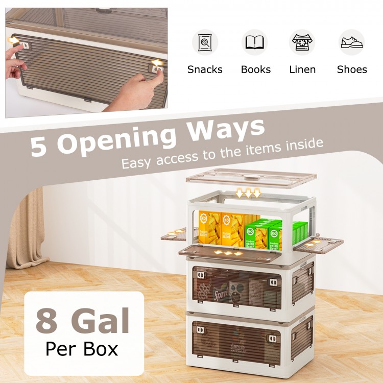 Stackable storage bins with lids, 8-gallon capacity, featuring 5 opening ways, ideal for organizing snacks, books, and.