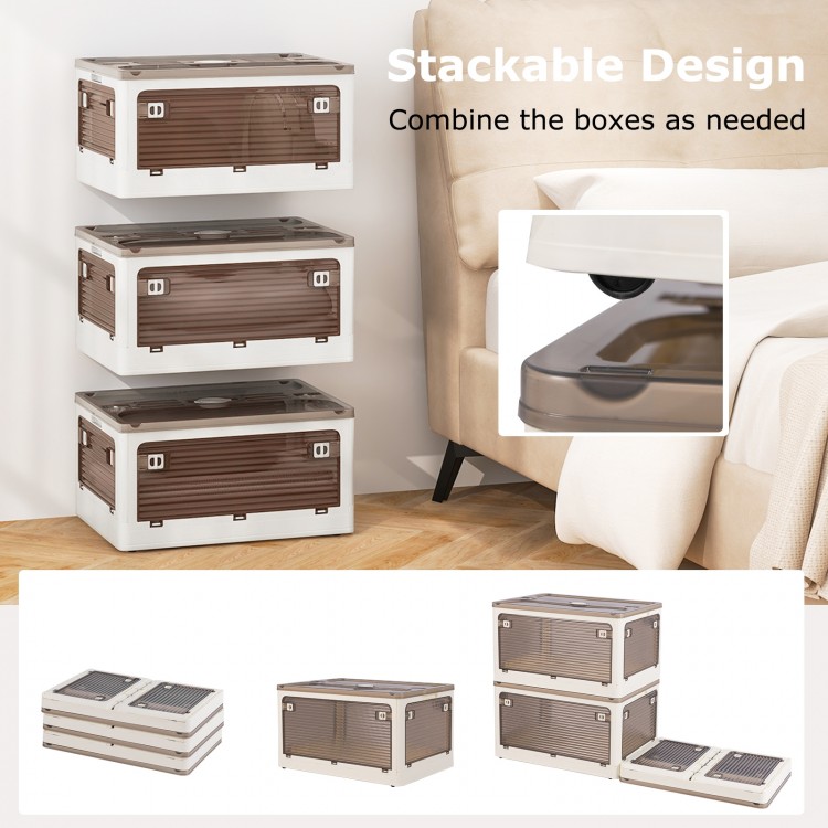 Stackable storage bins with lids, featuring 5 opening ways and collapsible design, ideal for organizing various items.