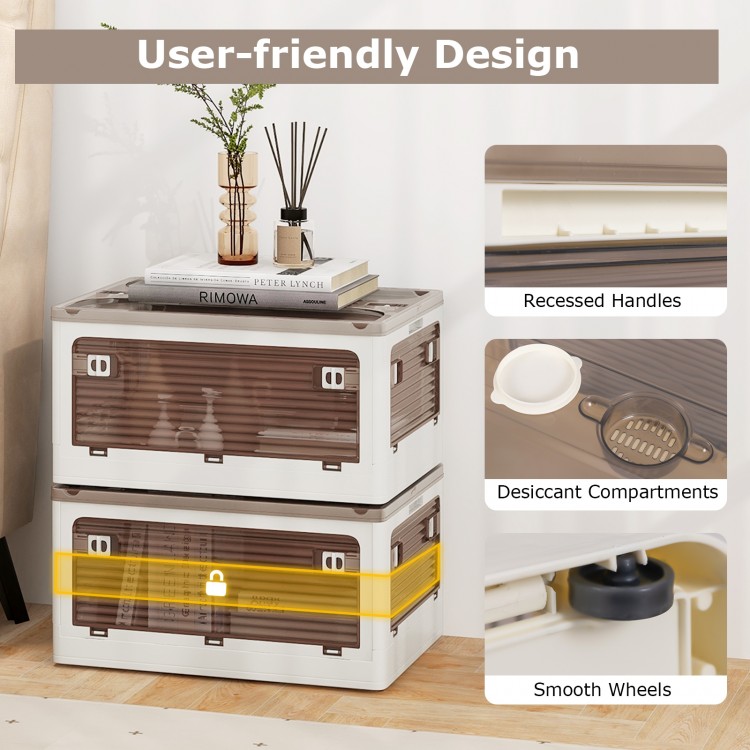 Stackable 3-pack storage bins with lids, featuring translucent doors, smooth wheels, and desiccant compartments for.