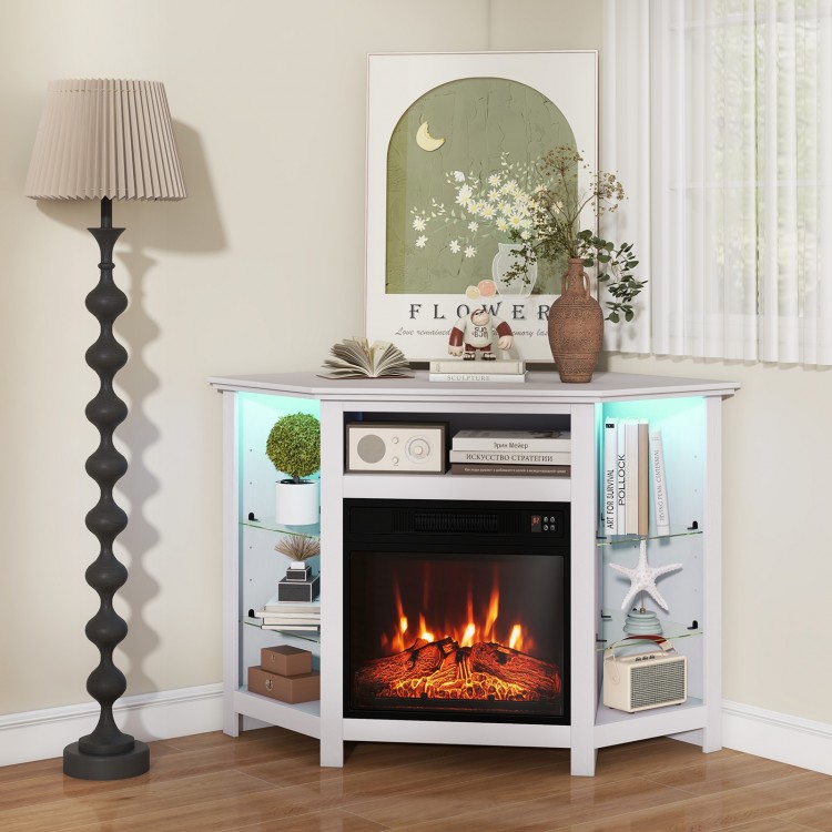 Fireplace corner TV stand in white with LED lights, adjustable shelves, and remote control for TVs up to 50 inches.