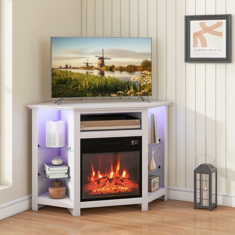 Fireplace corner TV stand in white with LED lights, adjustable shelves, and remote control for 50-inch TVs.