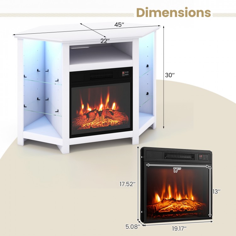 Fireplace corner TV stand in white with LED lights, dimensions 45"x22"x30", designed for 50-inch TVs and adjustable.