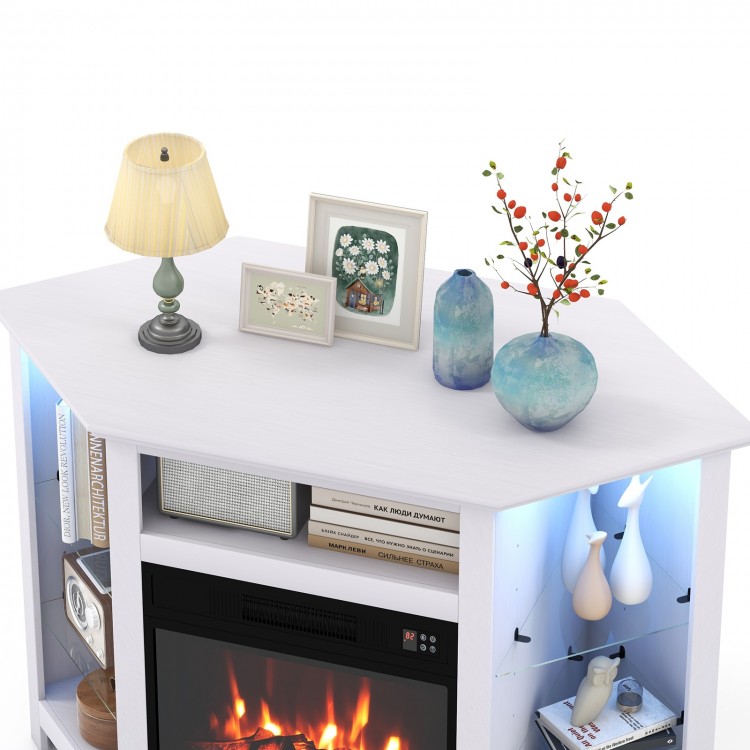 Corner TV stand with electric fireplace, LED lights, and decorative items, designed for 50-inch TVs in white finish.