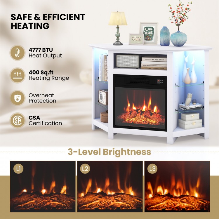 Fireplace corner TV stand in white with LED lights, adjustable shelves, and 4777 BTU heating for 400 sq ft coverage.