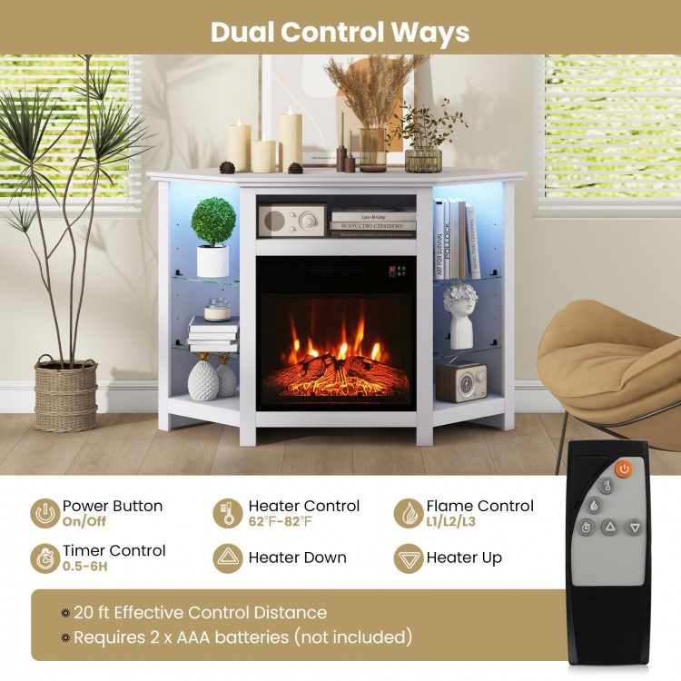 Fireplace corner TV stand in white with LED lights, remote control, and adjustable shelves for 50-inch TVs.