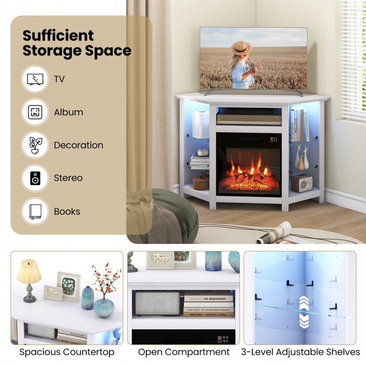 White fireplace corner TV stand featuring a spacious countertop, adjustable glass shelves, and smart LED lights for TVs.