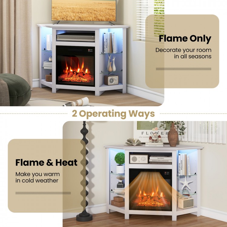 Close-up of the electric fireplace's adjustable flame brightness levels, enhancing the fireplace corner TV stand's.