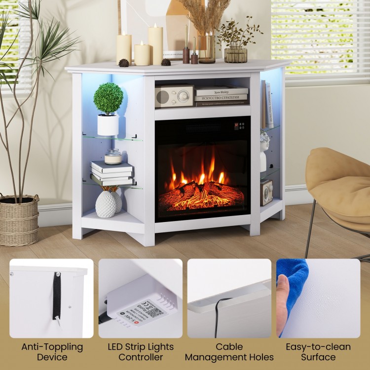 Close-up of the LED strip lights on the corner TV stand in white, showcasing remote control functionality and modern.