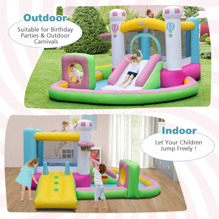 Inflatable bounce house with slide, obstacle course, and ball pit, made of durable Oxford cloth for outdoor fun.
