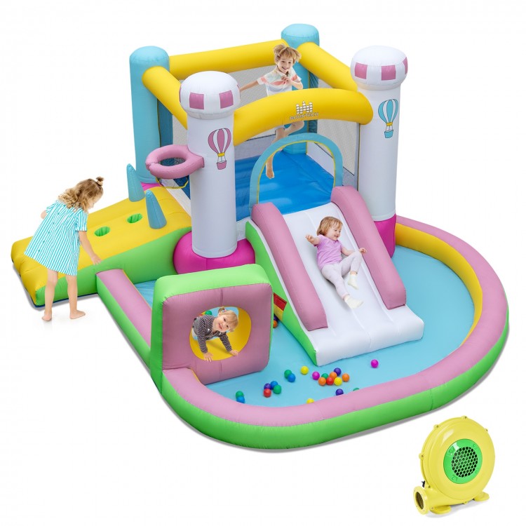 Colorful inflatable bounce house with slide, ball pit, and games, made of durable 420D Oxford cloth for outdoor fun.