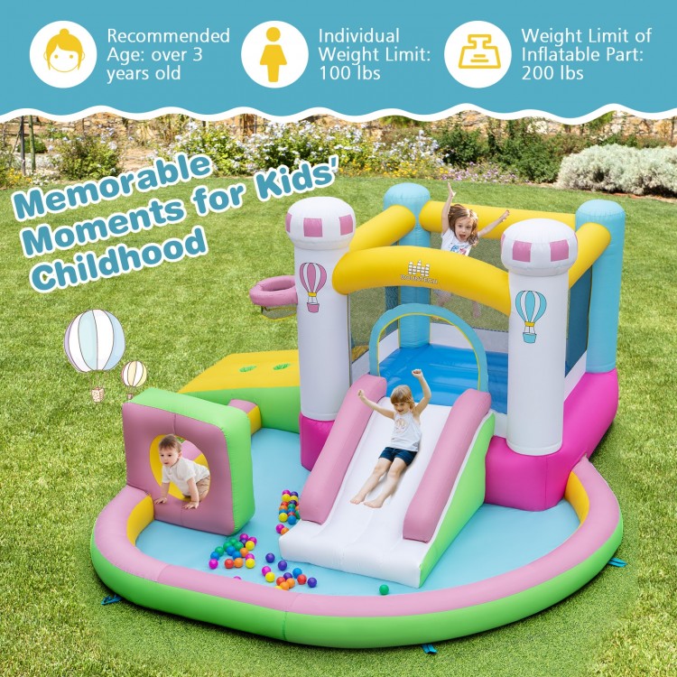 Inflatable bounce house with slide, ball pit, and games, made from durable 420D Oxford cloth for outdoor fun.