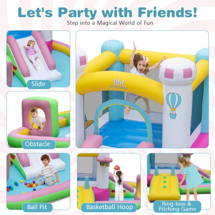 Inflatable bounce house with slide, ball pit, and basketball hoop for outdoor fun, made of durable waterproof material.