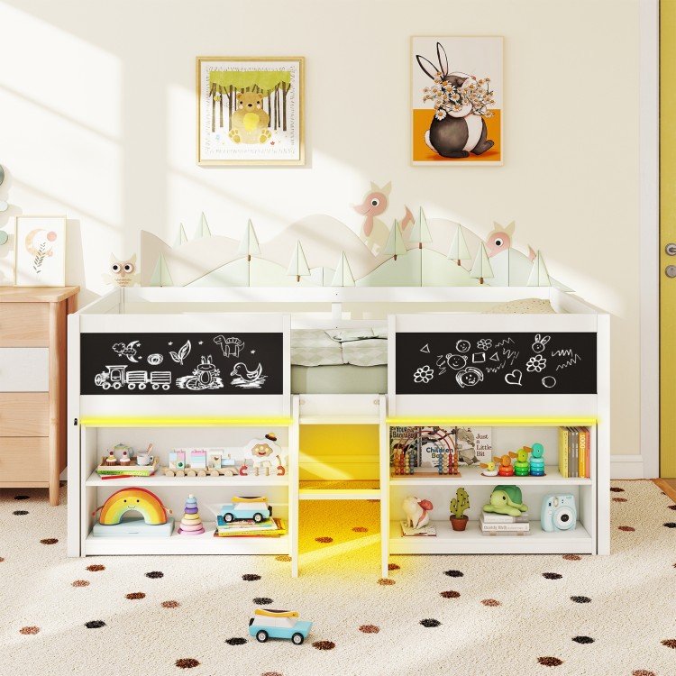 Low loft bed with LED lights, chalkboards, and bookcases in white, perfect for kids' rooms and organizing toys.