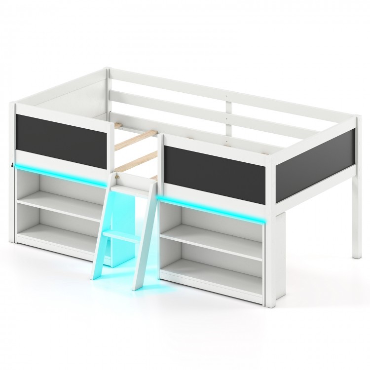 Low loft bed in white with LED lights, bookcases, and storage shelves for kids' organization and play space.