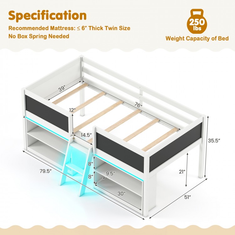 Low loft bed with LED lights, white finish, includes bookcases and storage shelves for kids' organization and play.
