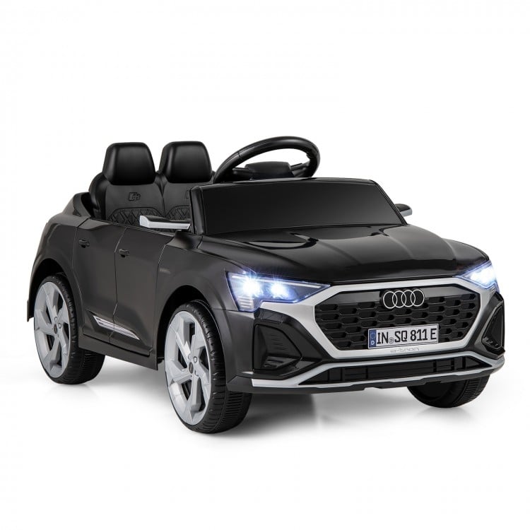 Licensed Audi SQ8 kids ride-on car in black with remote control, LED headlights, and spacious seat for safe play.