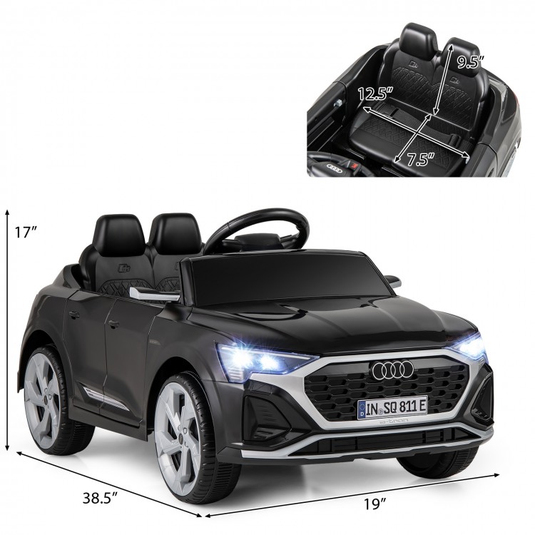 Licensed Audi SQ8 kids ride-on car in black with remote control, spacious seat, and LED headlights for safe play.