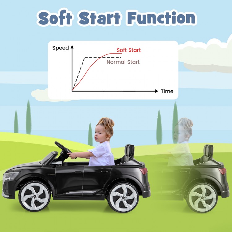 Kids ride-on car licensed Audi SQ8 in black, showcasing soft start function for safe driving at 1.86-3.1 mph.