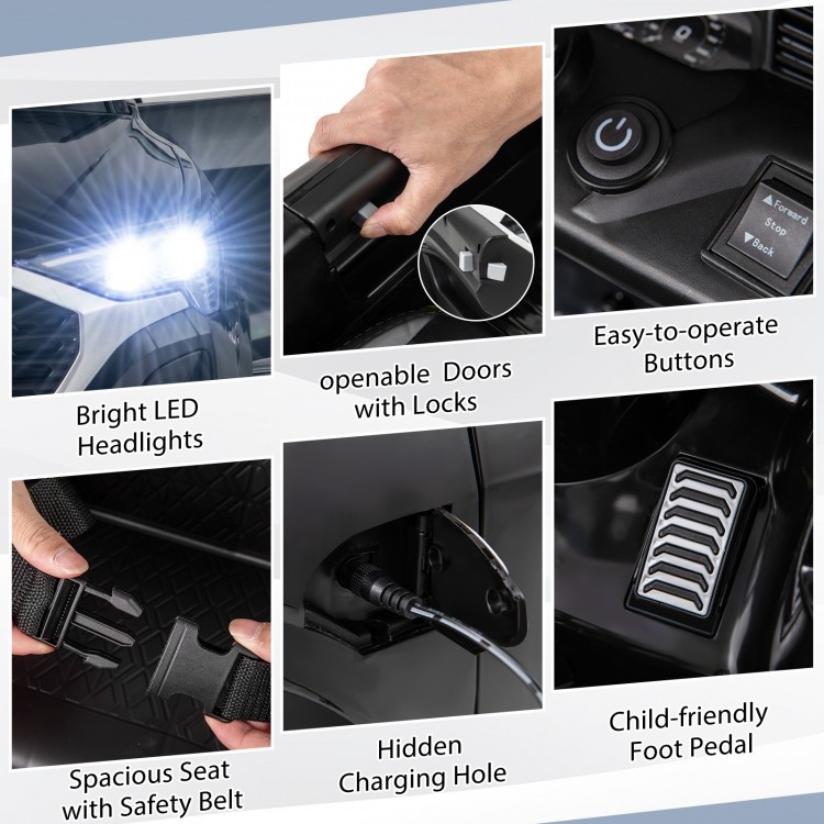 Bright LED headlights and easy-to-operate buttons on the 12V kids ride-on Audi SQ8 for safe, fun driving adventures.