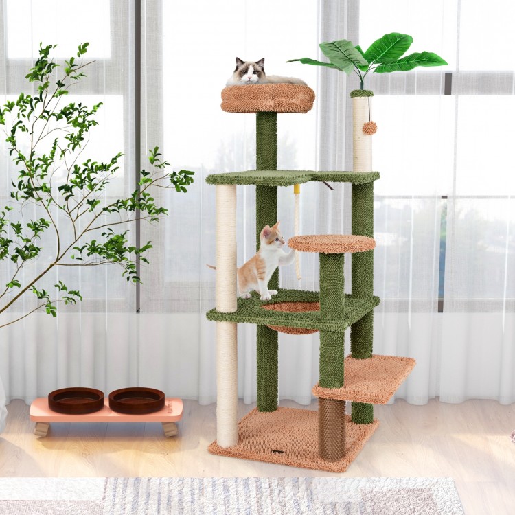 Multilevel cat tree with scratching posts, plush perch, and faux plant, perfect for active play and cozy napping.