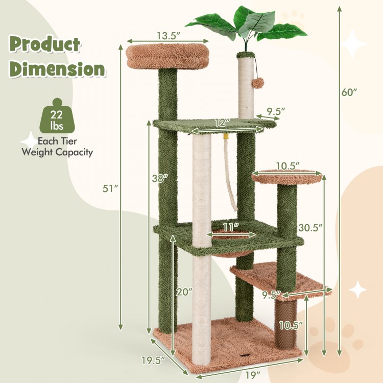 Multilevel cat tree in green with scratching posts, cozy perch, and faux plant, perfect for active and playful cats.