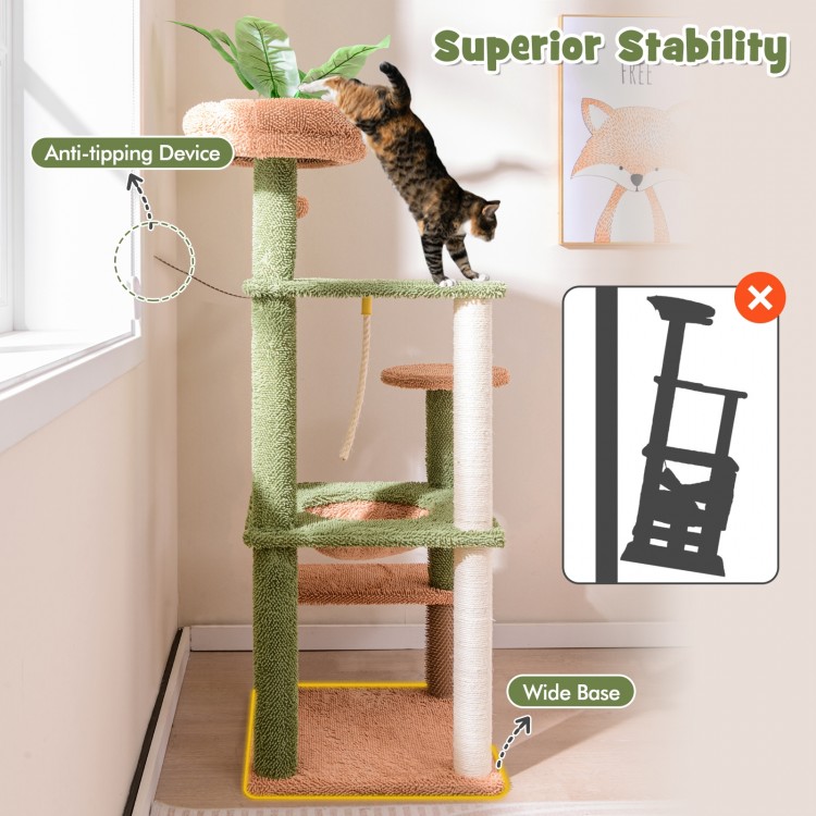 Multilevel cat tree in green with scratching posts, cozy perch, and anti-tipping device for secure play.