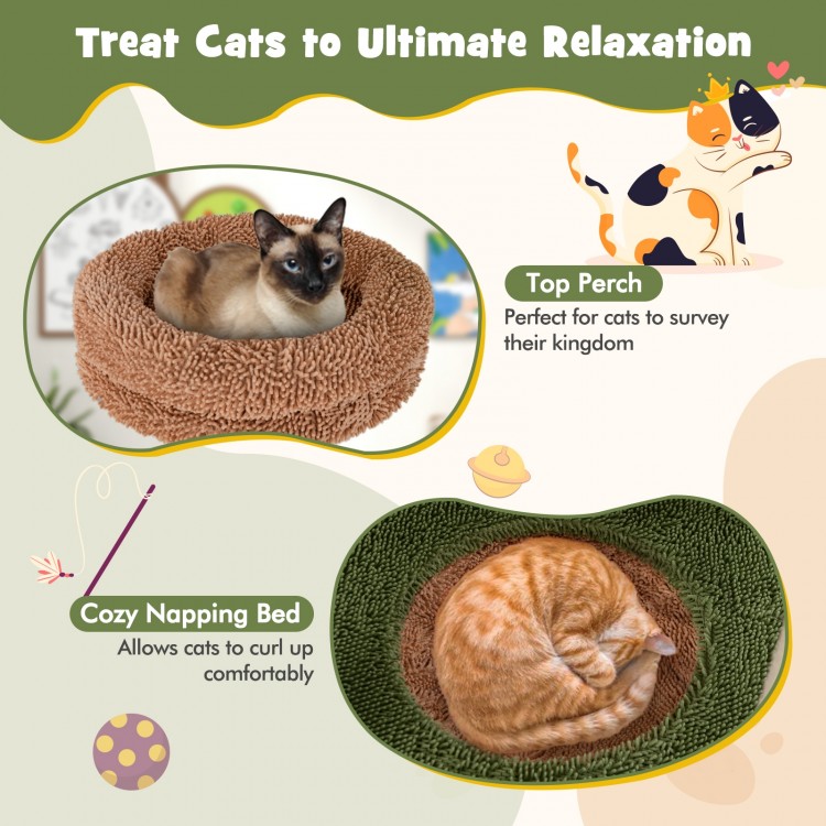 Cozy napping bed and top perch of the multilevel cat tree in green, perfect for relaxation and surveying their kingdom.