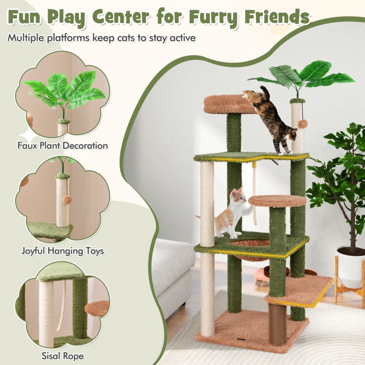 Multilevel cat tree showcasing vibrant green sisal rope, faux plant, and playful hanging toys for energetic feline fun.