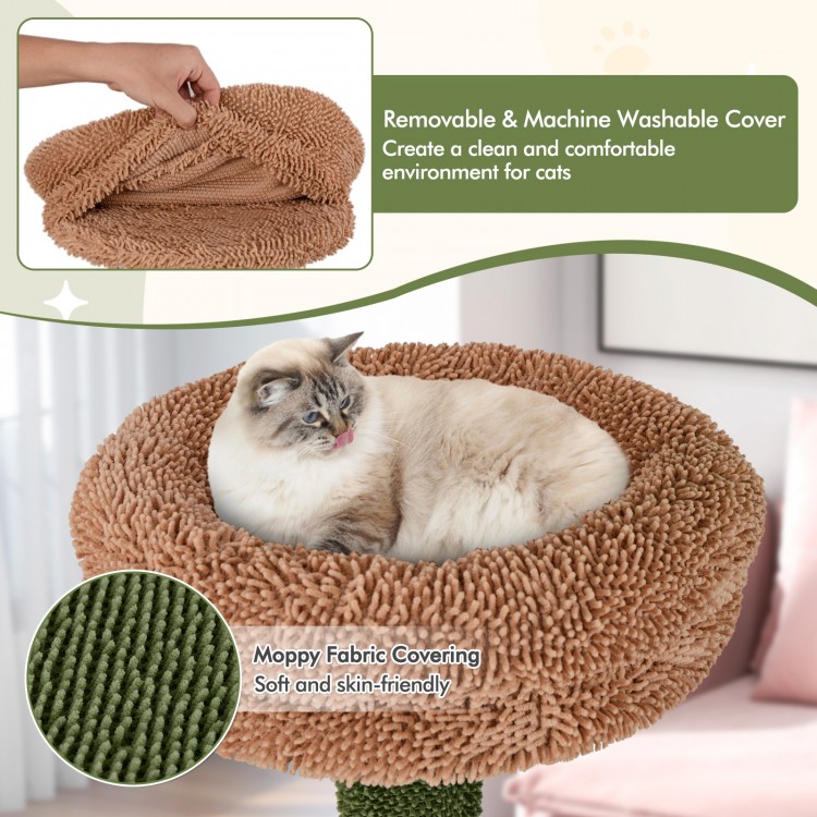 Cozy green plush perch with removable cover for the multilevel cat tree, perfect for napping and surveying surroundings.