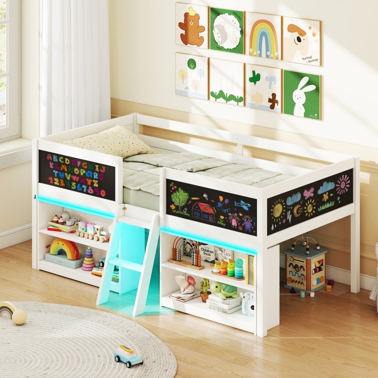 Low loft bed in white with LED lights, chalkboards, and storage shelves for kids' toys and books. Ideal for imaginative.