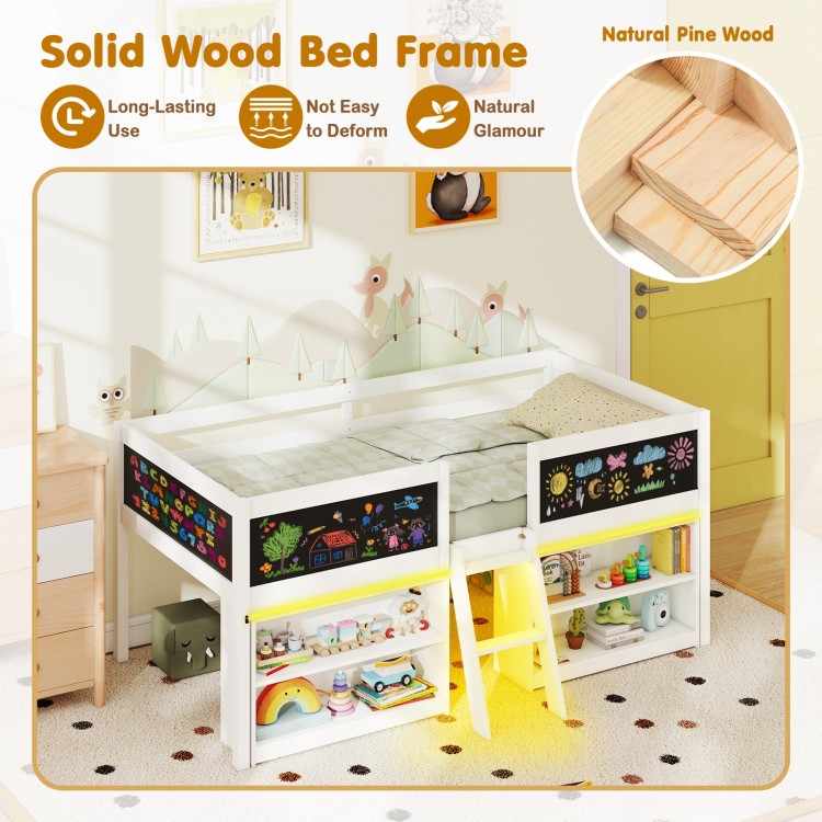Low loft bed in white with LED lights, solid pine wood, and bookcases for kids' toys and books, promoting organization.