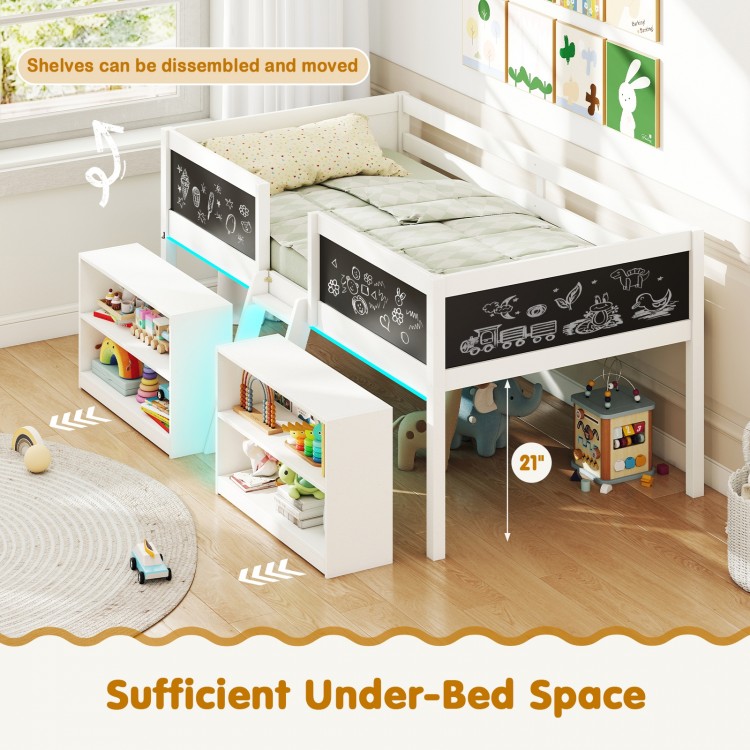 Low loft bed with LED lights, white finish, includes bookcases and under-bed storage for kids' toys and books.