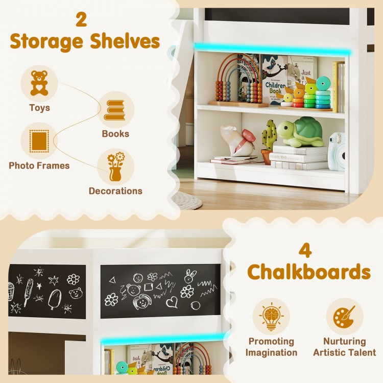 Low loft bed with LED lights, featuring 2 storage shelves and 4 chalkboards for kids' organization and creativity.