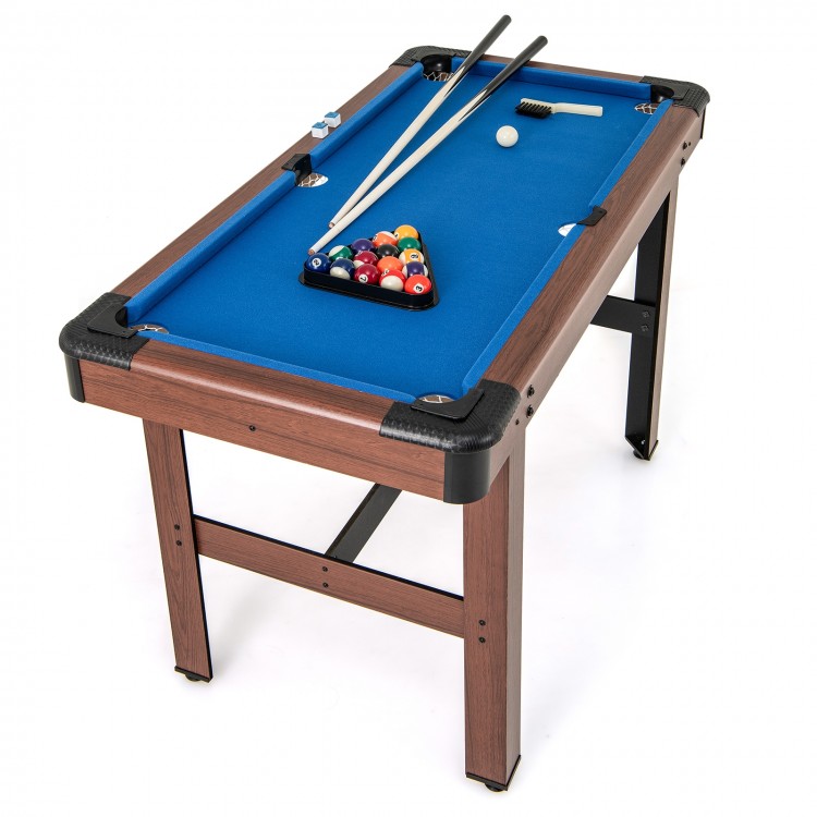48-inch pool table with blue velvet surface, complete with balls and cues, perfect for family fun in small spaces.