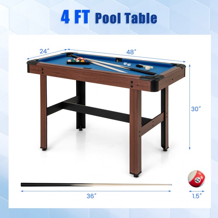 48-inch pool table with blue velvet surface, solid H-frame, and full set of balls for family fun in small spaces.