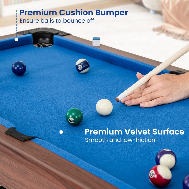 48-inch pool table with premium velvet surface and cushion bumper, perfect for family fun in small spaces.