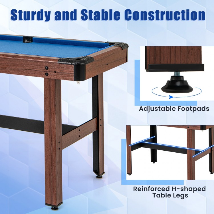 48-inch wooden pool game table with blue velvet surface, H-shaped frame, and adjustable footpads for stability.
