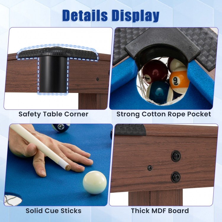 Detail shots of the 48-inch pool table showing safety corners, cotton rope pocket, cue sticks, and thick MDF board.
