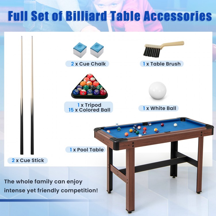 48-inch blue pool table with velvet surface, full set of balls, 2 cue sticks, and accessories for family fun.