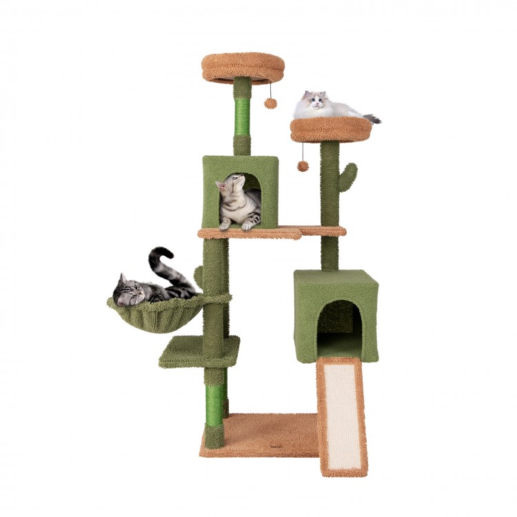 Multi-level cactus cat tree in green featuring two condos, plush perches, and scratching posts for playful felines.