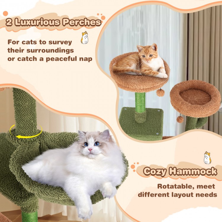 Multi-level cactus cat tree featuring plush perches, cozy condos, and natural sisal scratching posts for feline fun.